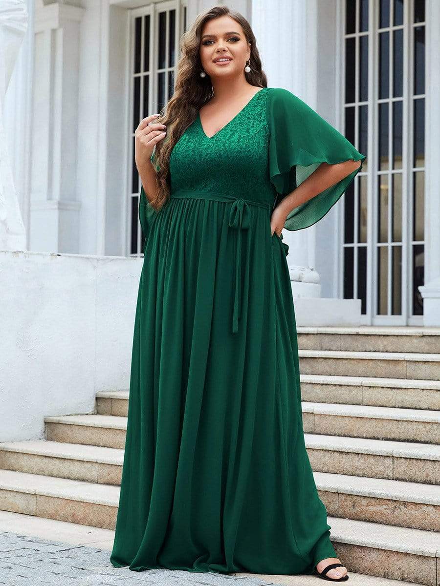 Elegant Plus Size Deep V Neck Lace Evening Gown