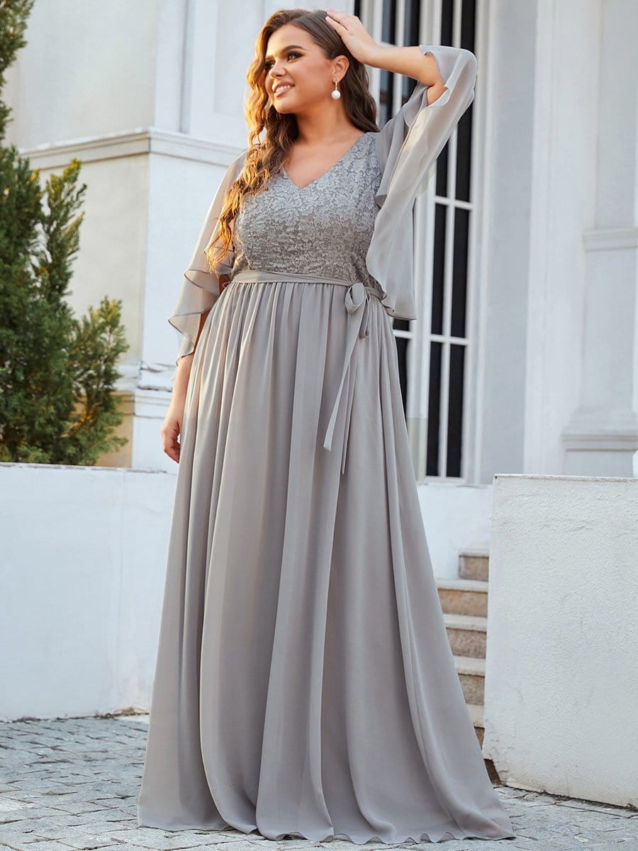 Elegant Plus Size Deep V Neck Lace Evening Gown