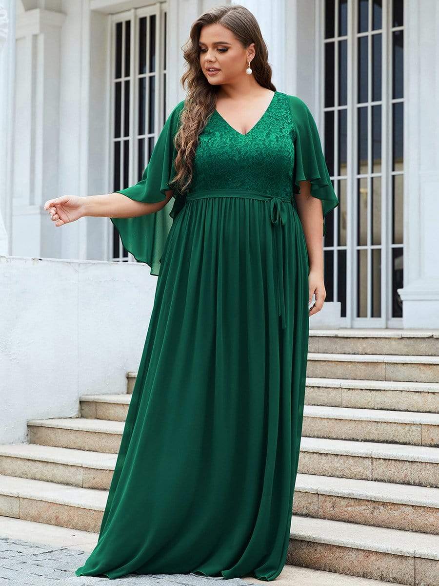 Elegant Plus Size Deep V Neck Lace Evening Gown