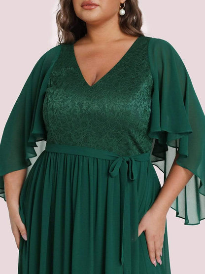 Elegant Plus Size Deep V Neck Lace Evening Gown