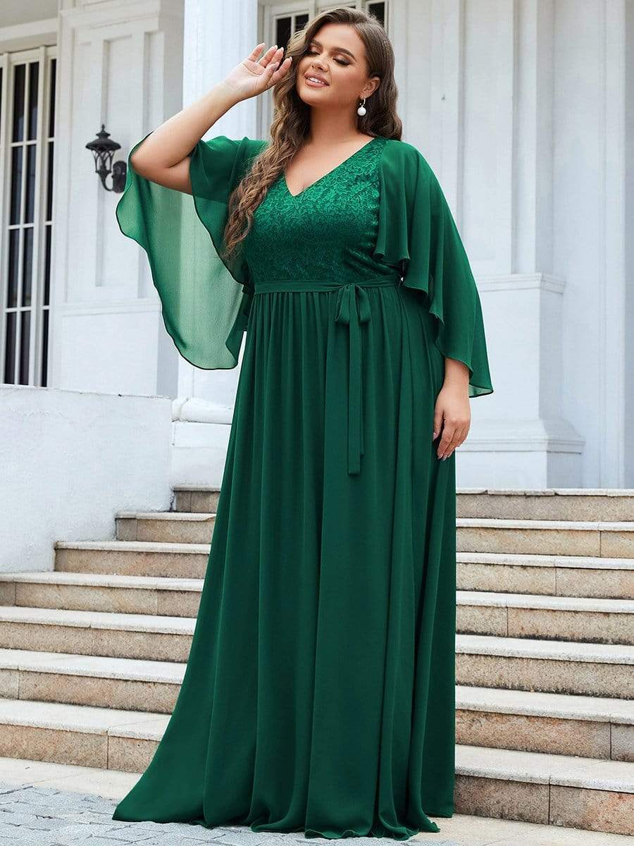 Elegant Plus Size Deep V Neck Lace Evening Gown
