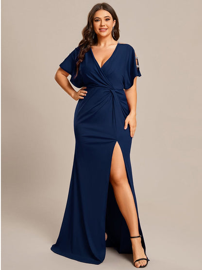 Elegant Plus Size Deep V-Neck Pleated Evening Gown with High Split