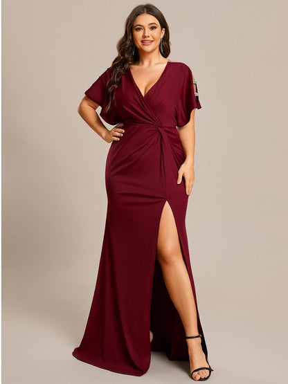 Elegant Plus Size Deep V-Neck Pleated Evening Gown with High Split