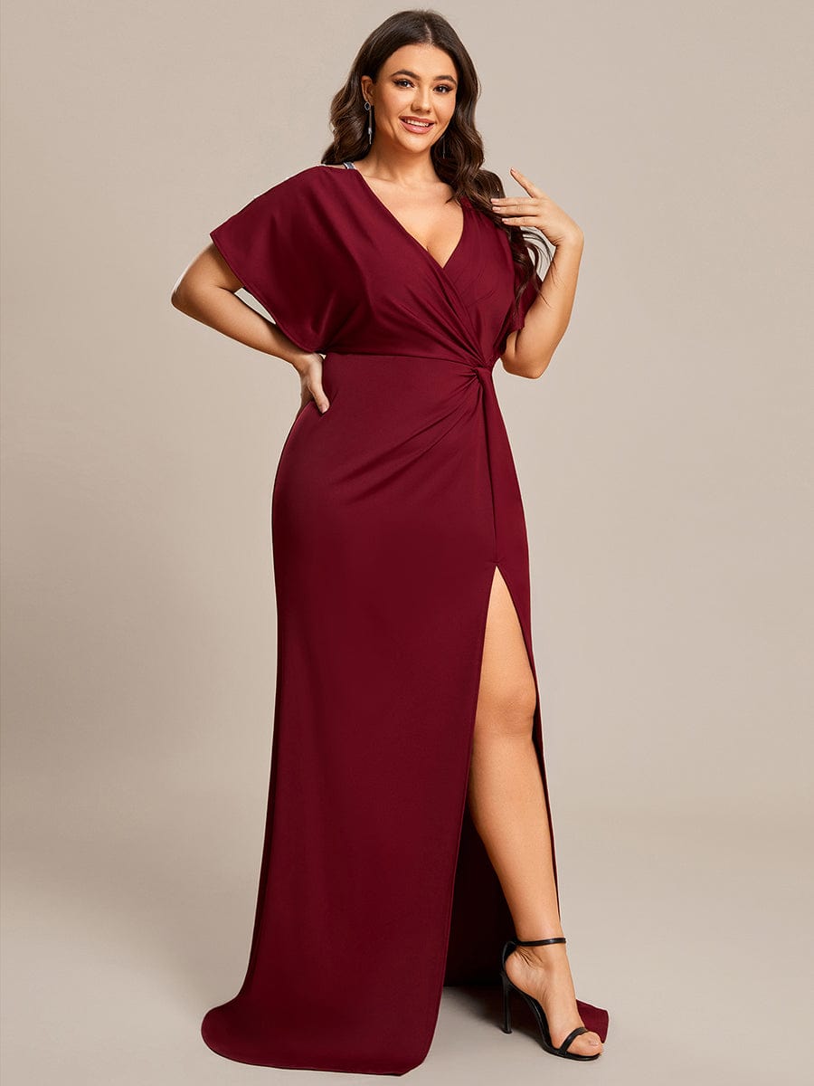 Elegant Plus Size Deep V-Neck Pleated Evening Gown with High Split