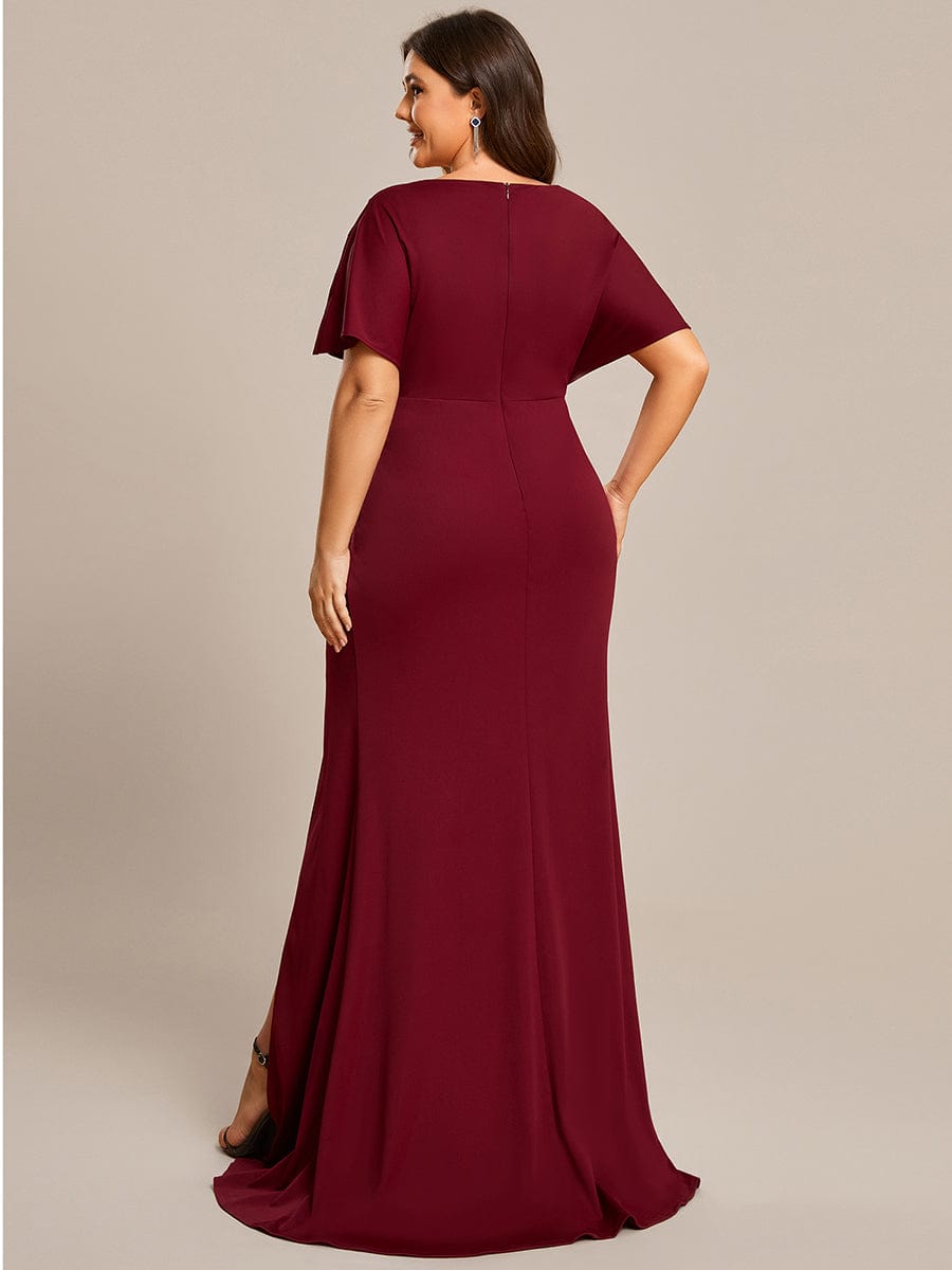 Elegant Plus Size Deep V-Neck Pleated Evening Gown with High Split