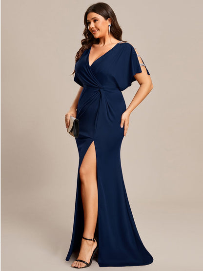 Elegant Plus Size Deep V-Neck Pleated Evening Gown with High Split