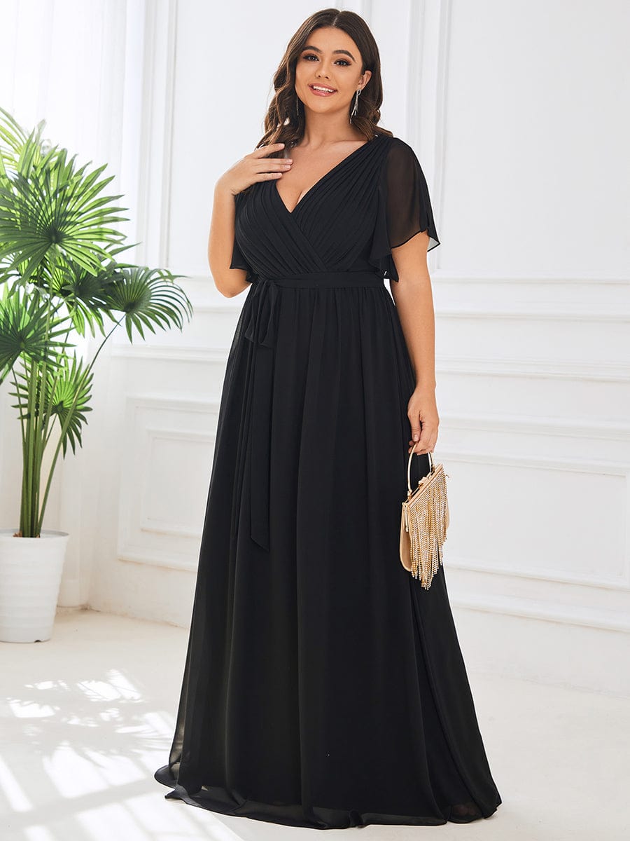 Elegant Plus Size Evening Dress with Pleated Chiffon Waist Tie