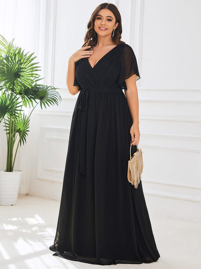 Elegant Plus Size Evening Dress with Pleated Chiffon Waist Tie