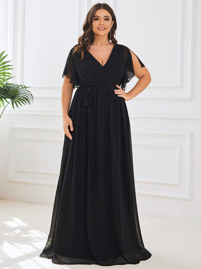 Elegant Plus Size Evening Dress with Pleated Chiffon Waist Tie