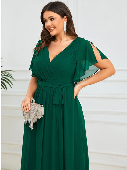 Elegant Plus Size Evening Dress with Pleated Chiffon Waist Tie