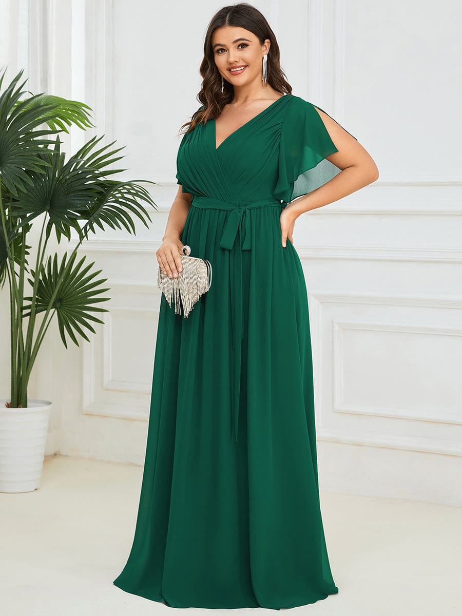 Elegant Plus Size Evening Dress with Pleated Chiffon Waist Tie