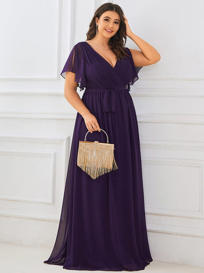 Elegant Plus Size Evening Dress with Pleated Chiffon Waist Tie
