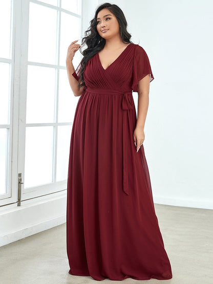 Elegant Plus Size Evening Dress with Pleated Chiffon Waist Tie