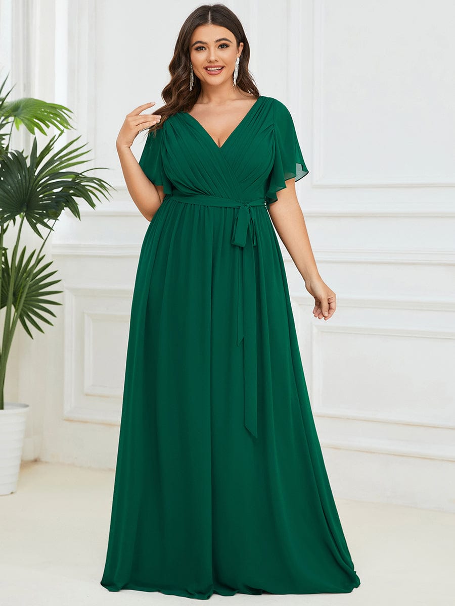 Elegant Plus Size Evening Dress with Pleated Chiffon Waist Tie