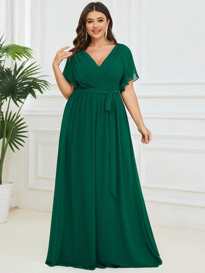Elegant Plus Size Evening Dress with Pleated Chiffon Waist Tie
