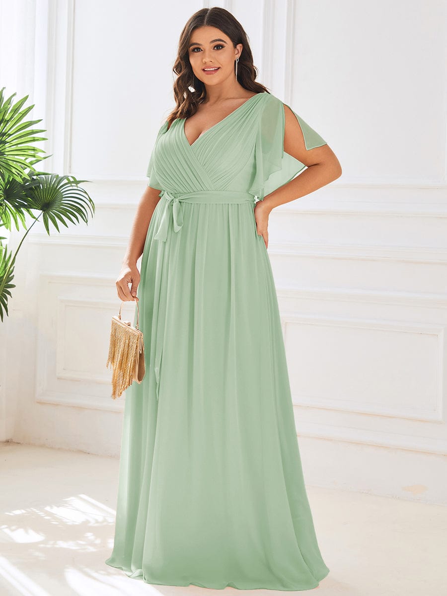 Elegant Plus Size Evening Dress with Pleated Chiffon Waist Tie