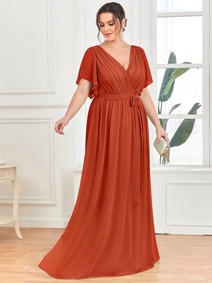 Elegant Plus Size Evening Dress with Pleated Chiffon Waist Tie