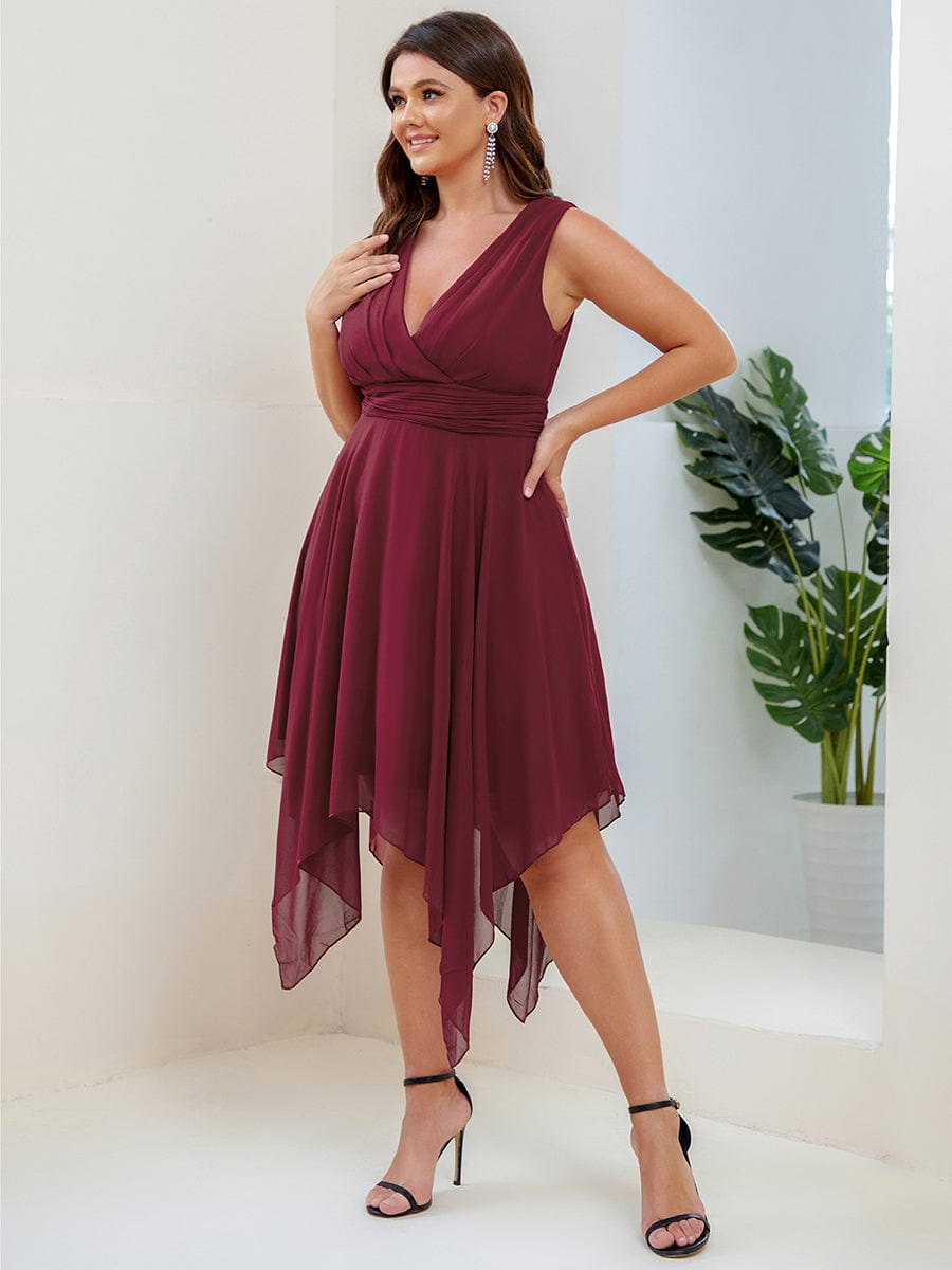 Elegant Plus Size Knee Length Chiffon Bridesmaid Dress with Asymmetrical Hem