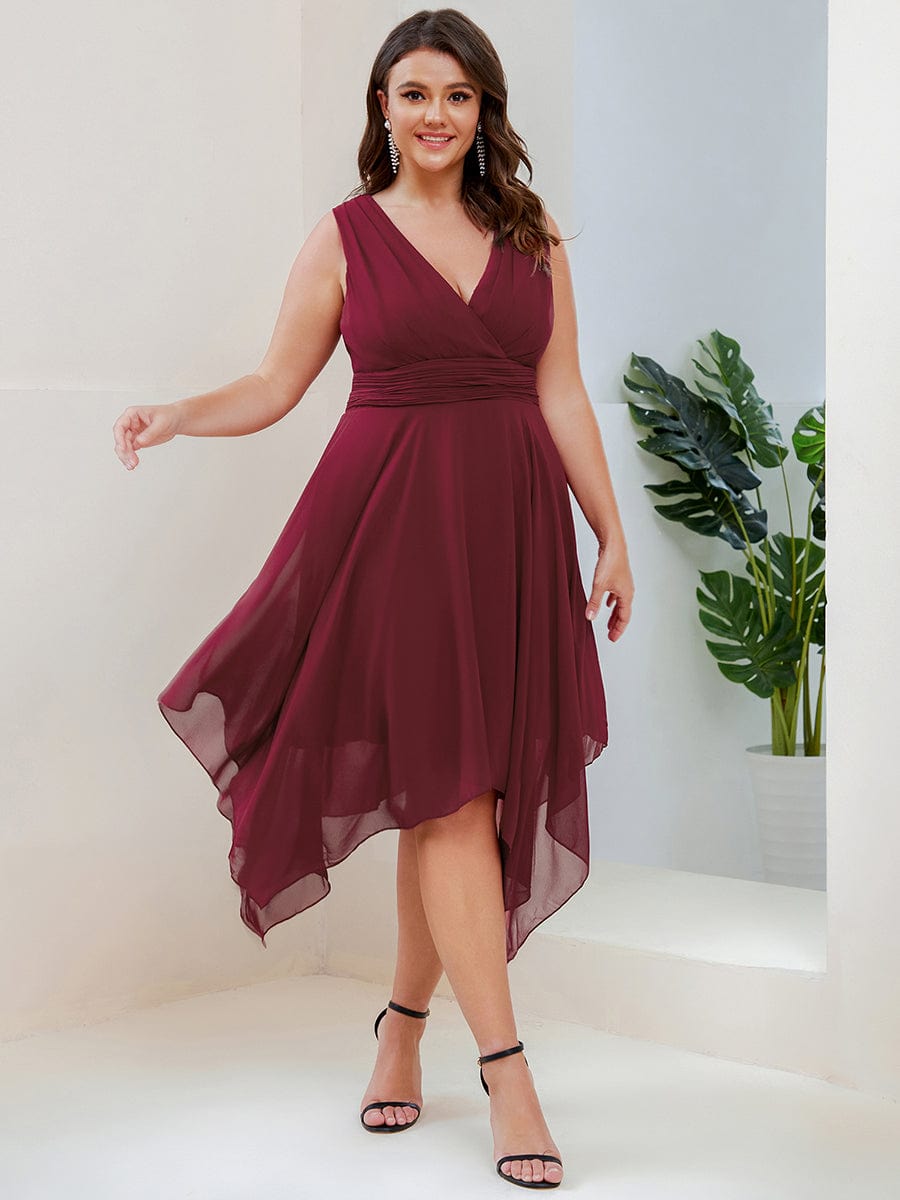 Elegant Plus Size Knee Length Chiffon Bridesmaid Dress with Asymmetrical Hem
