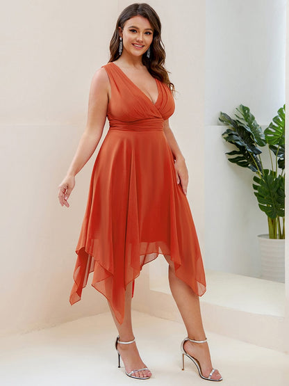 Elegant Plus Size Knee Length Chiffon Bridesmaid Dress with Asymmetrical Hem