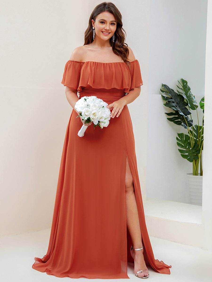 Elegant Plus Size Off-Shoulder Bridesmaid Dress with Thigh-High Split