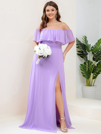 Elegant Plus Size Off-Shoulder Bridesmaid Dress with Thigh-High Split