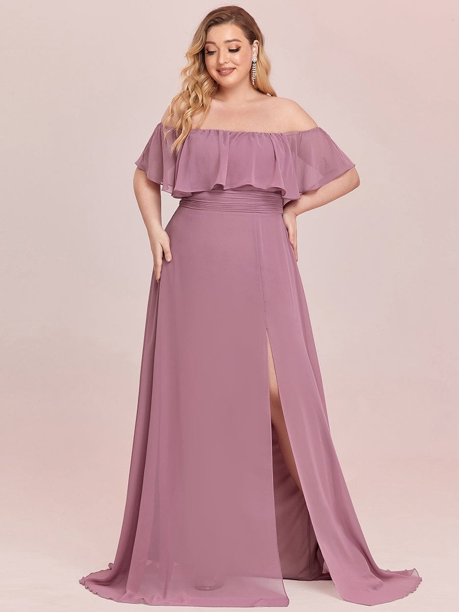 Elegant Plus Size Off-Shoulder Bridesmaid Dress with Thigh-High Split