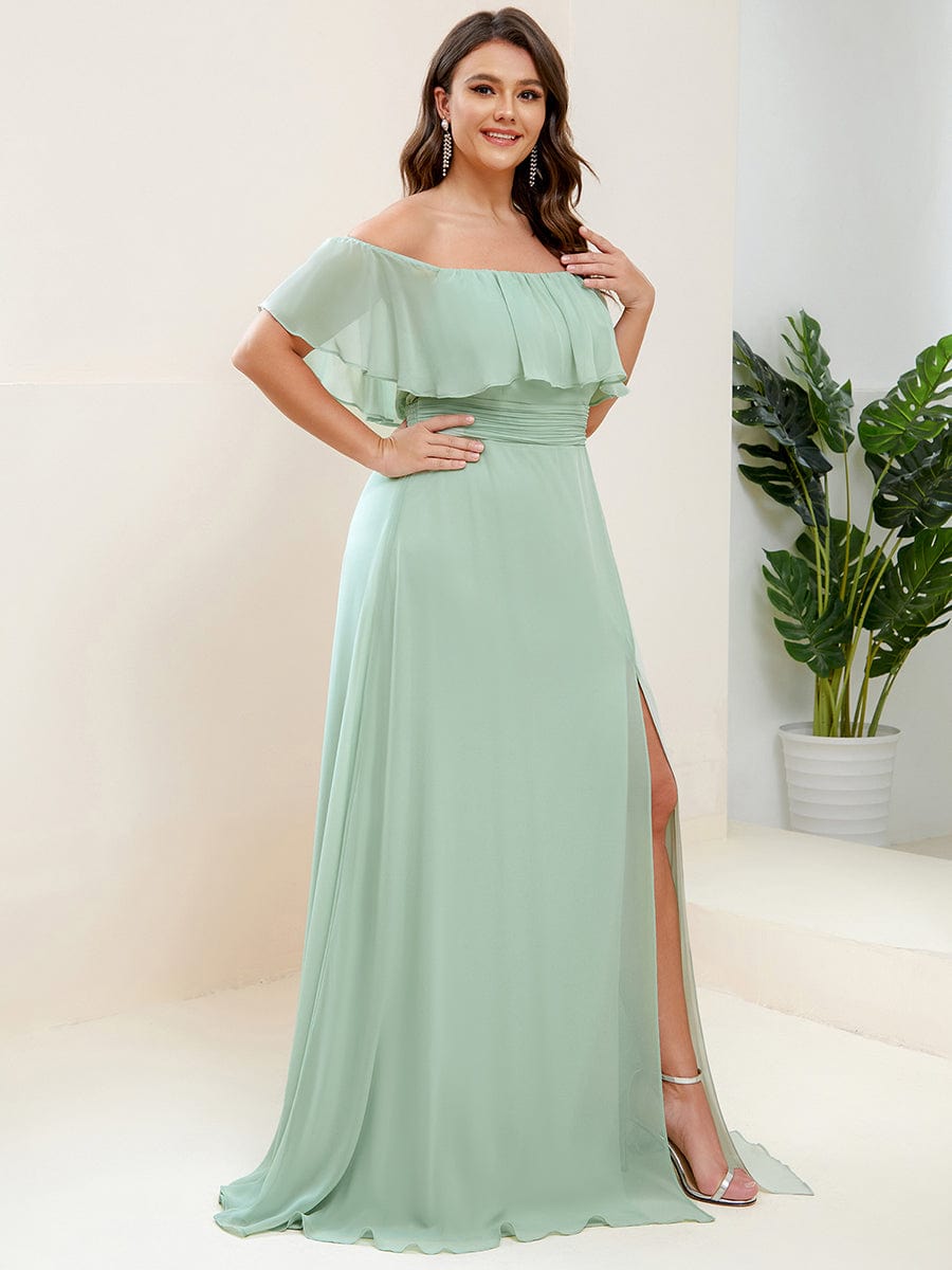 Elegant Plus Size Off-Shoulder Bridesmaid Dress with Thigh-High Split