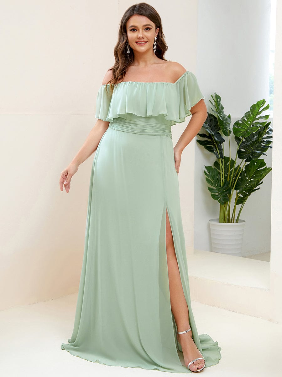 Elegant Plus Size Off-Shoulder Bridesmaid Dress with Thigh-High Split