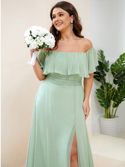 Elegant Plus Size Off-Shoulder Bridesmaid Dress with Thigh-High Split