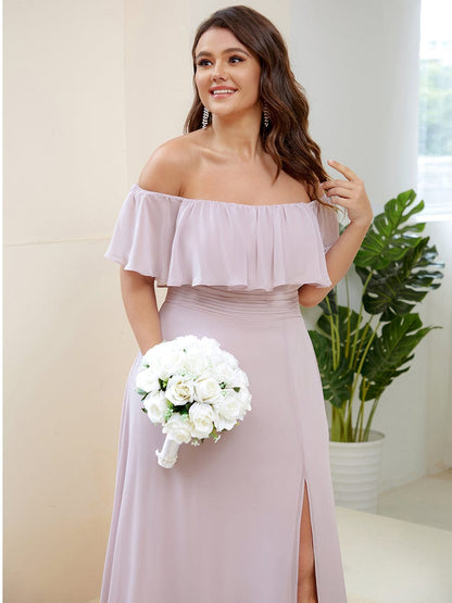 Elegant Plus Size Off-Shoulder Bridesmaid Dress with Thigh-High Split