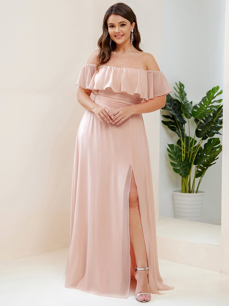 Elegant Plus Size Off-Shoulder Bridesmaid Dress with Thigh-High Split