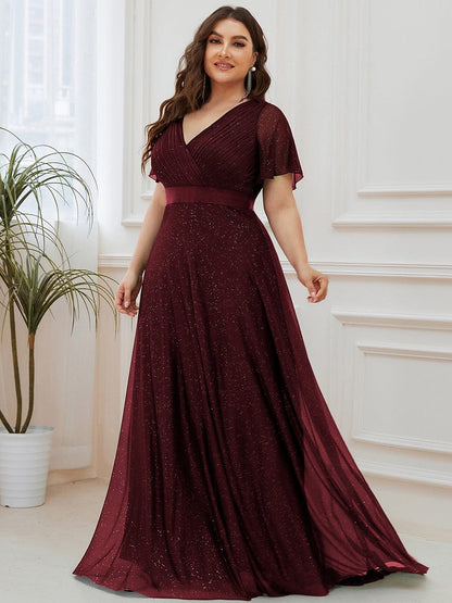 Elegant Plus Size Ruffled Sleeve Deep V Neck A Line Evening Dress