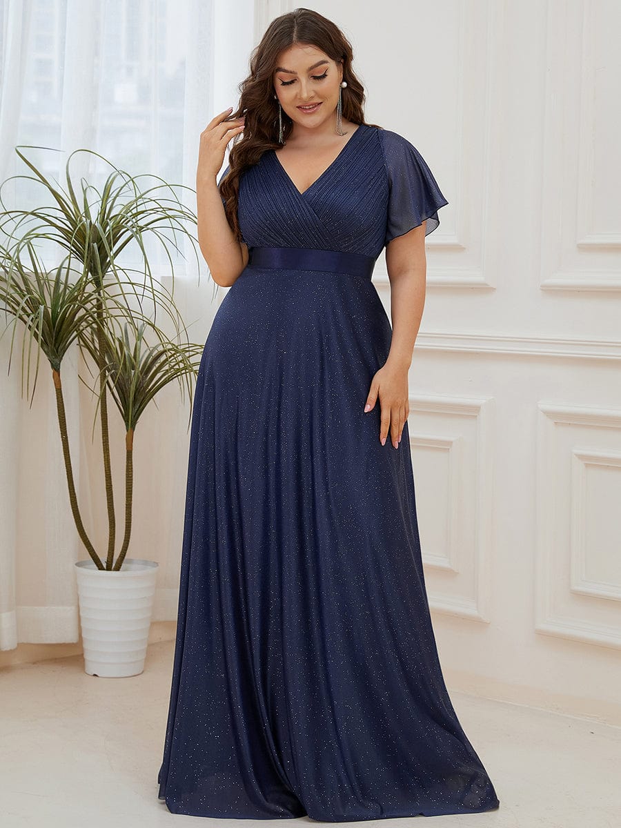 Elegant Plus Size Ruffled Sleeve Deep V Neck A Line Evening Dress