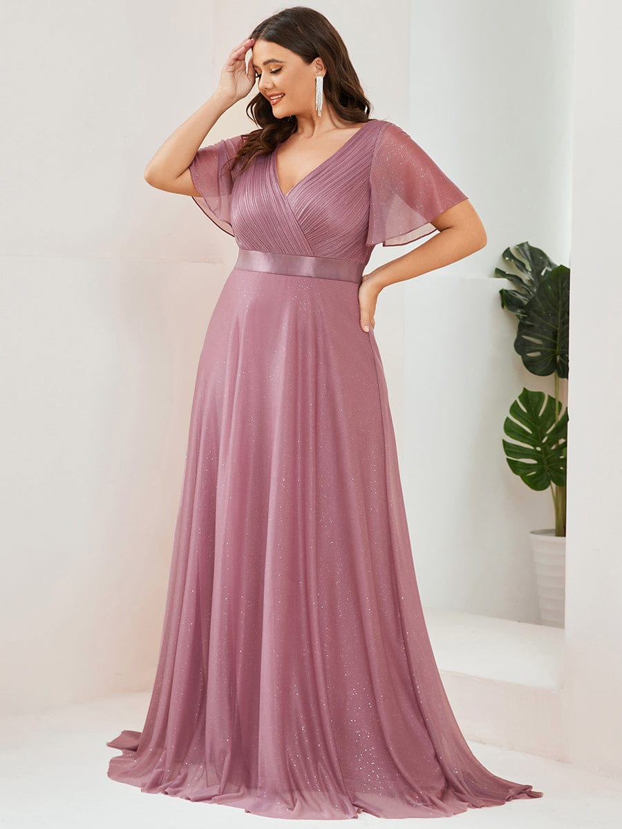 Elegant Plus Size Ruffled Sleeve Deep V Neck A Line Evening Dress