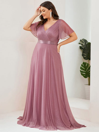 Elegant Plus Size Ruffled Sleeve Deep V Neck A Line Evening Dress