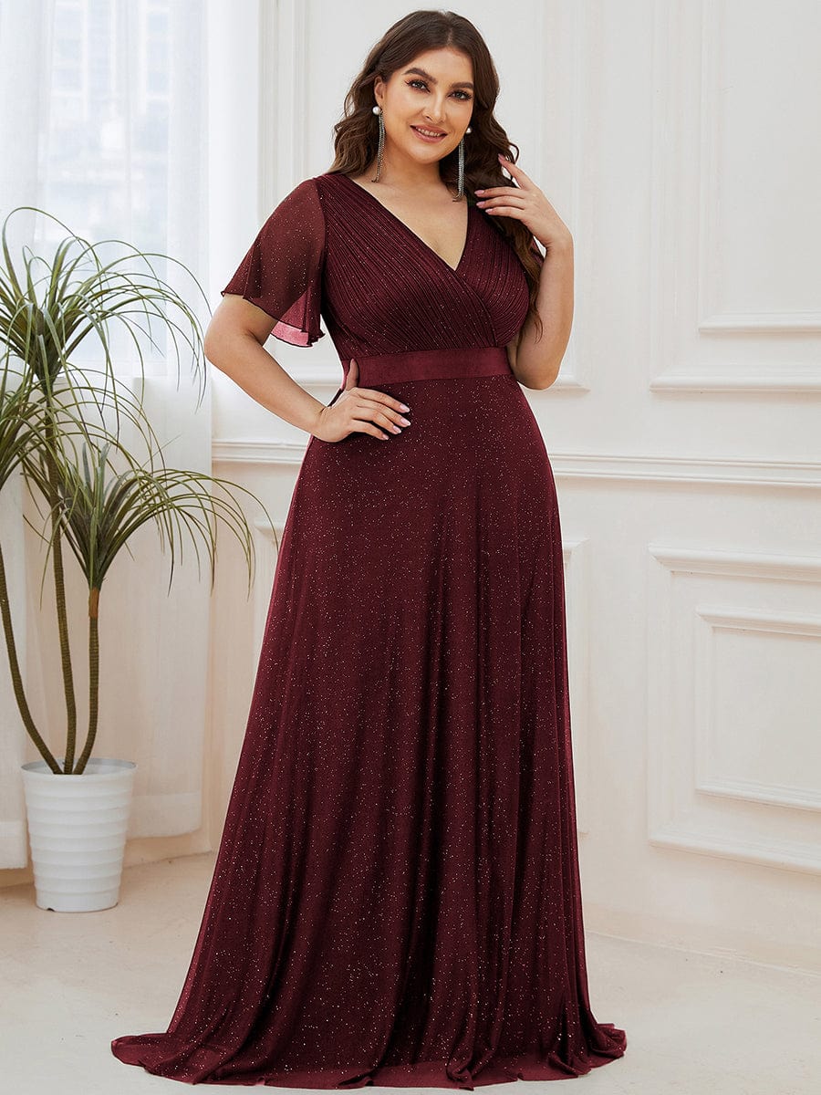 Elegant Plus Size Ruffled Sleeve Deep V Neck A Line Evening Dress