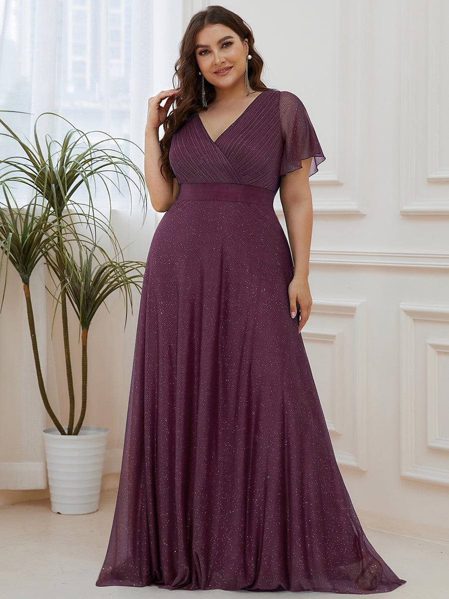 Elegant Plus Size Ruffled Sleeve Deep V Neck A Line Evening Dress