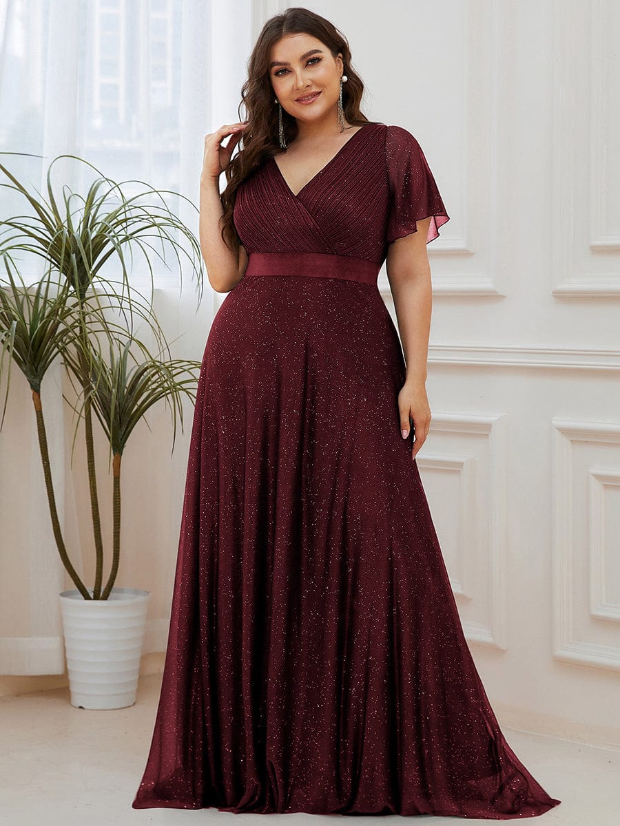 Elegant Plus Size Ruffled Sleeve Deep V Neck A Line Evening Dress