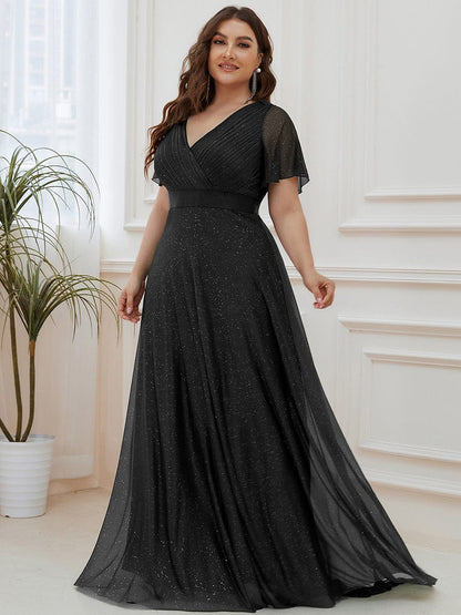 Elegant Plus Size Ruffled Sleeve Deep V Neck A Line Evening Dress