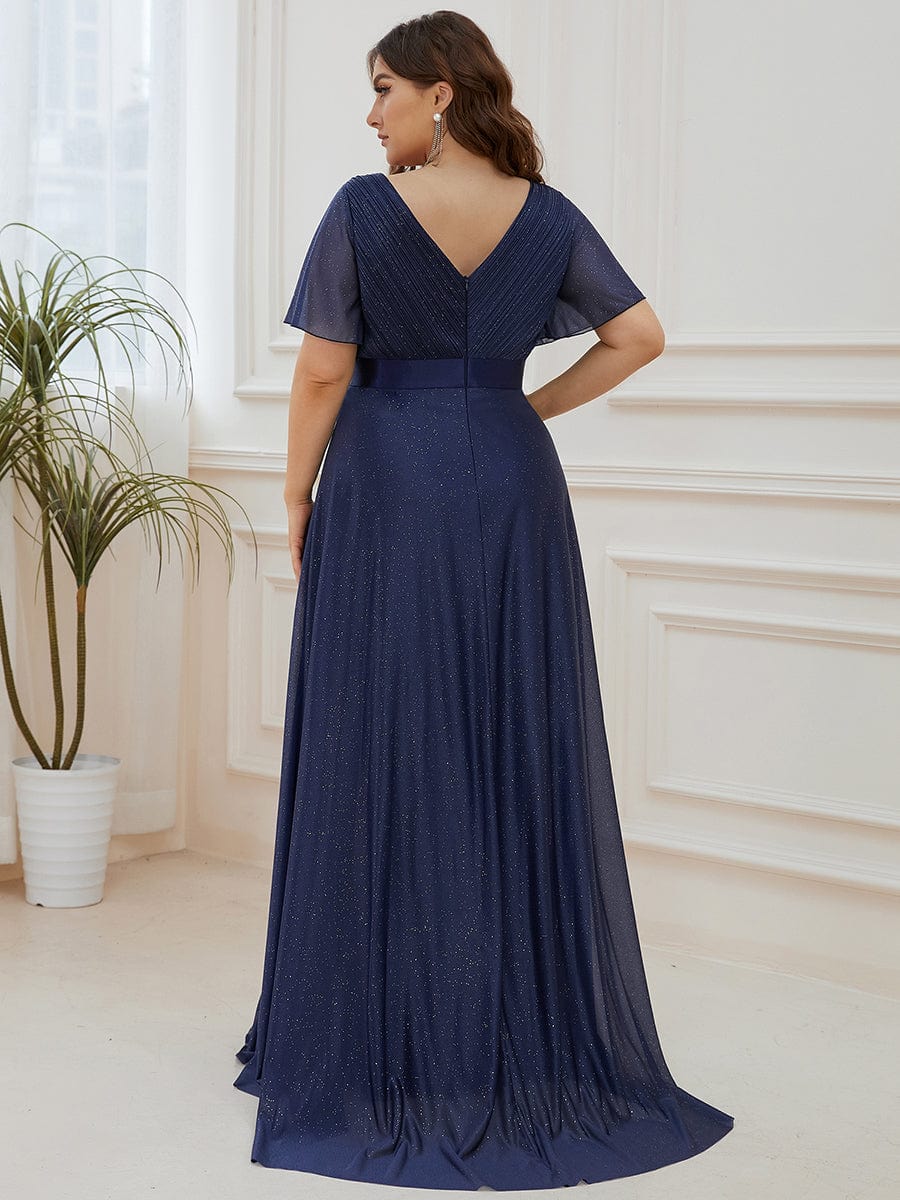 Elegant Plus Size Ruffled Sleeve Deep V Neck A Line Evening Dress