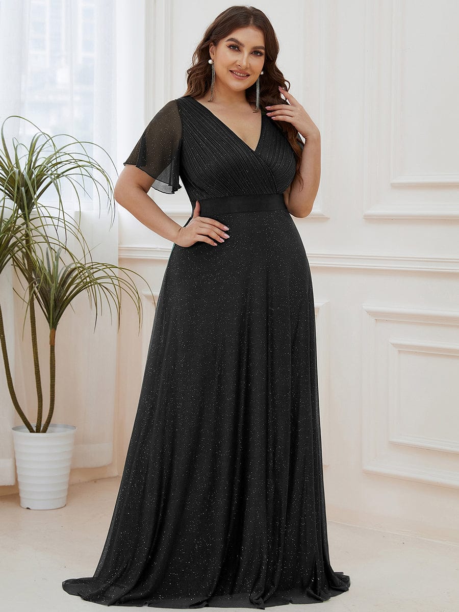 Elegant Plus Size Ruffled Sleeve Deep V Neck A Line Evening Dress