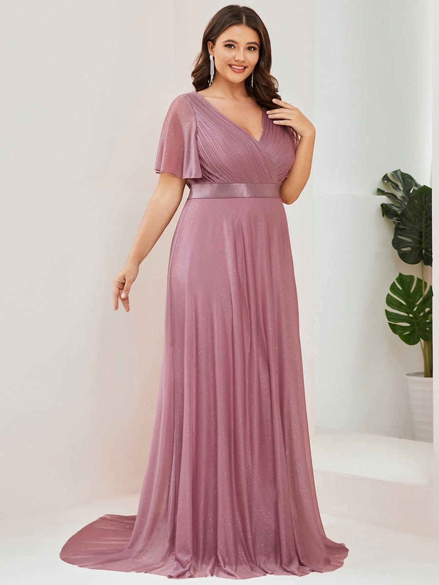 Elegant Plus Size Ruffled Sleeve Deep V Neck A Line Evening Dress