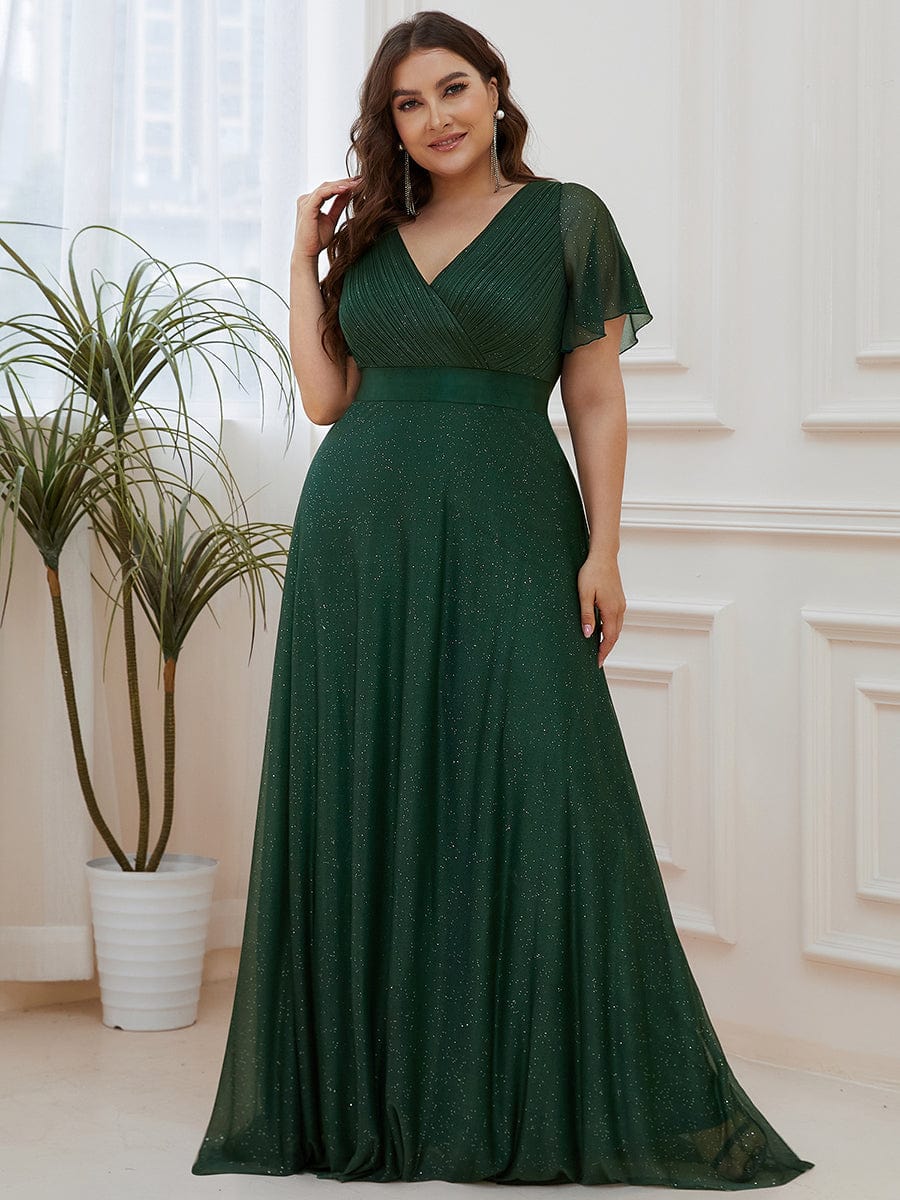 Elegant Plus Size Ruffled Sleeve Deep V Neck A Line Evening Dress