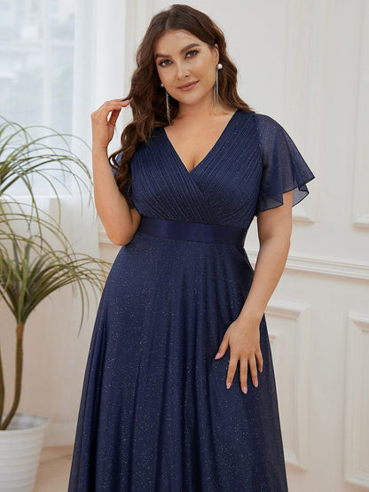 Elegant Plus Size Ruffled Sleeve Deep V Neck A Line Evening Dress