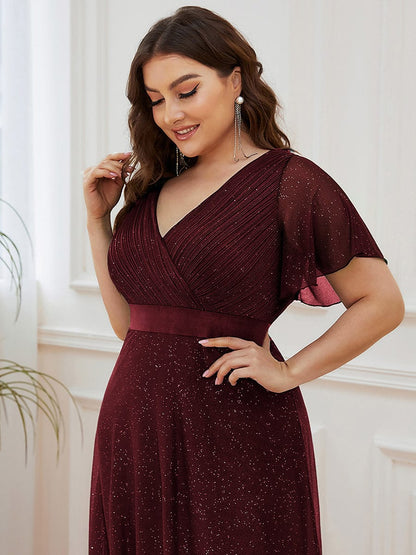 Elegant Plus Size Ruffled Sleeve Deep V Neck A Line Evening Dress