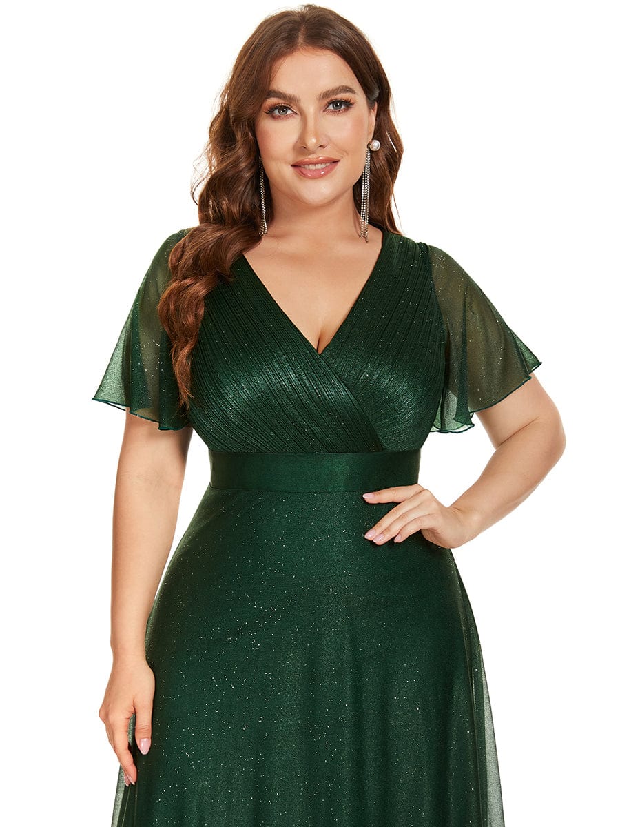 Elegant Plus Size Ruffled Sleeve Deep V Neck A Line Evening Dress