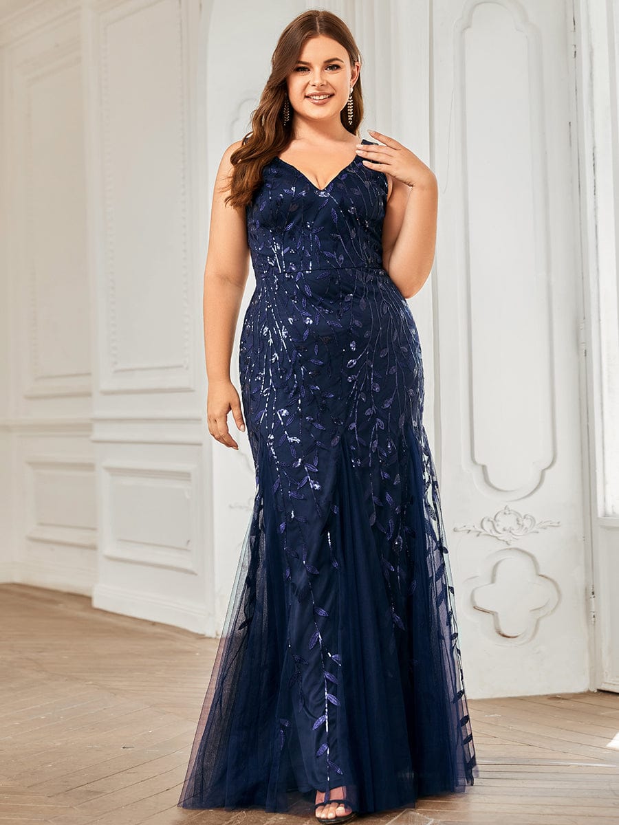 Elegant Plus Size Sequin Fishtail Formal Evening Gown