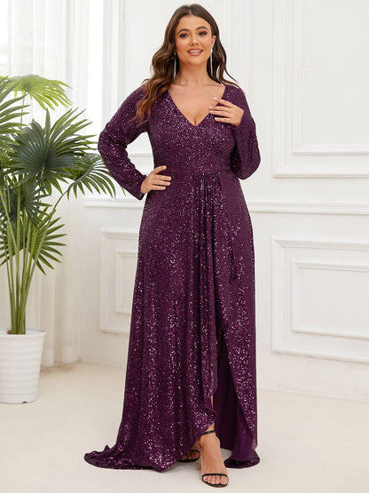Elegant Plus Size Sequin V-Neck Long Sleeve Evening Gown with High Slit
