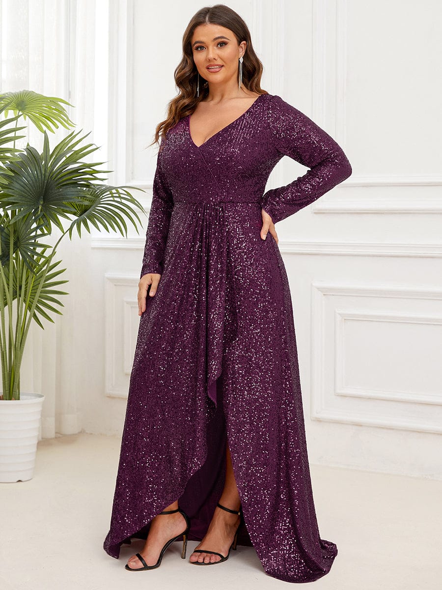Elegant Plus Size Sequin V-Neck Long Sleeve Evening Gown with High Slit